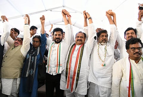 Telangana Chief Minister A Revanth Reddy during the Congress PORUBATA for 42% BC Quota,Mass Protest at Jantar Mantar,New Delhi