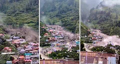 Houses being swept away in a flash flood triggered by a cloudburst at Dharali, in Uttarkashi district, Uttarakhand, Tuesday, Aug. 5, 2025.