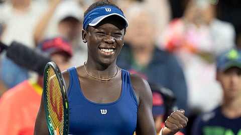 Victoria Mboko, of Canada, reacts after her win over Jessica Bouzas Maneiro, of Spain, during quarterfinal action at the National Bank Open women's tennis tournament in Montreal, Monday, Aug. 4, 2025.