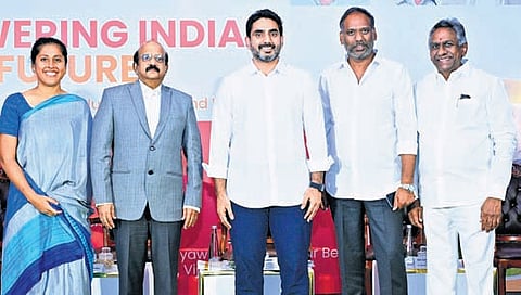 HRD and IT Minister Nara Lokesh and Energy Minister Gottipati Ravi Kumar at the Empowering India’s Green Future conference in Vijayawada on Wednesday.