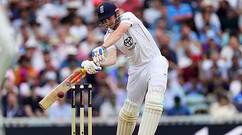 England's Harry Brook plays a shot on day four of the fifth cricket test match between England and India at The Kia Oval in London, Sunday, Aug. 3, 2025.
