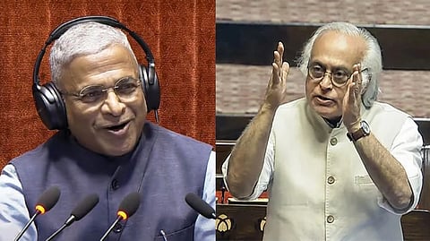 Rajya Sabha Deputy Chairman Harivansh Narayan Singh (L), Congress general secretary in charge of communications, Jairam Ramesh (R)