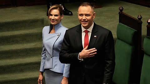 Poland's new president, Karol Nawrocki, with his wife, Marta Nawrocka, at his inauguration ceremony in Warsaw, Poland, Wednesday, Aug. 6, 2025.