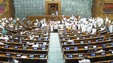 Opposition MPs protest in the Lok Sabha during the Monsoon session of Parliament, in New Delhi, Wednesday, Aug. 6, 2025.