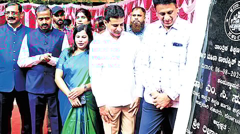 Higher Eduction Minister M C Sudhakar and Shivajinagar MLA Rizwan Arshad at the foundation laying ceremony of Sri Jayachamarajendra Polytechnic campus on Wednesday.