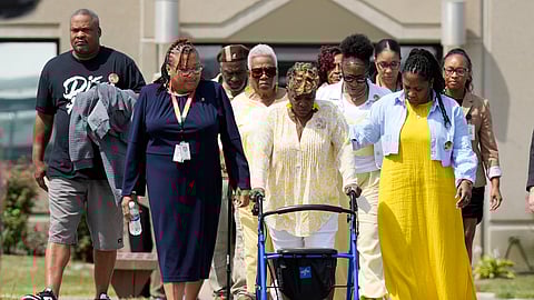 Relatives of victims of convicted murderer Byron Black are escorted from the Administration Building at Riverbend Maximum Security Institution after the execution of Black, Tuesday, Aug. 5, 2025, in Nashville, Tenn.