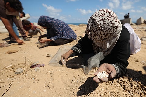 Palestinian women search the sand for legumes or rice in Nuseirat in the central Gaza Strip during an airdrop mission above the Israel-besieged Palestinian territory on August 5, 2025.