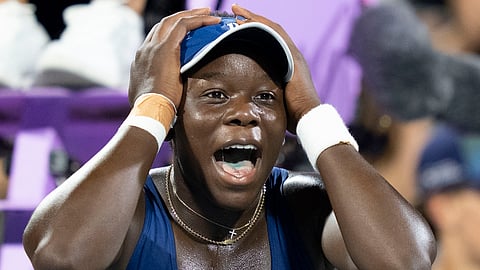 Victoria Mboko of Canada reacts following her win over Elena Rybakina of Kazakhstan during semifinal tennis action at the National Bank Open in Montreal, Wednesday, Aug. 6, 2025.