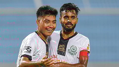 Mohammedan Sporting club players celebrate a goal on Thursday
