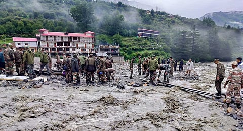 Search and rescue operation underway following flash floods triggered by a cloudburst, at Dharali, in Uttarkashi.