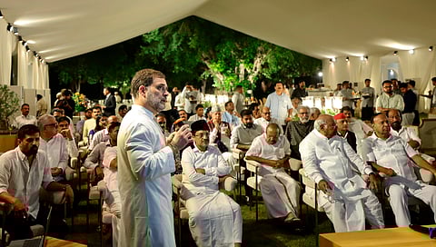 In this image via AICC on Aug. 7, 2025, LoP in the Lok Sabha and Congress leader Rahul Gandhi briefs INDIA bloc leaders regarding his allegations of 'voter fraud', in New Delhi.