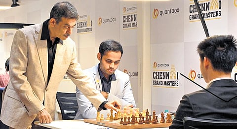 Special Chief Secretary (Sports) Jayesh Ranjan makes the inaugural move in the match featuring Arjun Erigaisi at the GM chess tournament in Chennai on Thursday