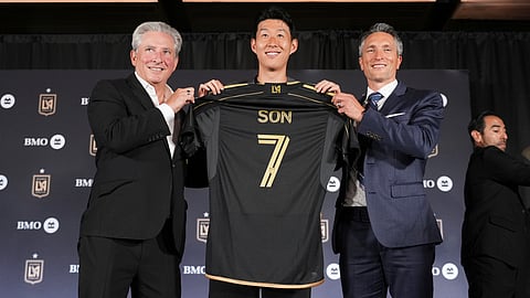 Son Heung-min, of South Korea, is introduced as a new member of Los Angeles FC during a press conference for the MLS soccer team Wednesday, Aug. 6, 2025, in Los Angeles.