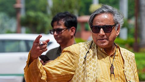 Congress MP Shashi Tharoor arrives to attend the Monsoon session of Parliament, in New Delhi, Friday, Aug. 8, 2025.