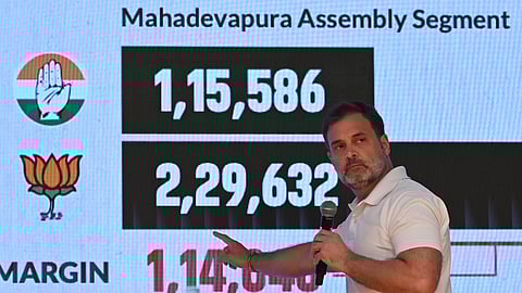 Congress leader Rahul Gandhi addresses a press conference at AICC HQ in New Delhi on August 07, 2025.