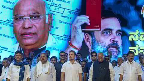 Congress President Mallikarjun Kharge, LoP in Lok Sabha Rahul Gandhi, Karnataka Chief Minister Siddaramaiah, Deputy Chief Minister D.K. Shivakumar and party leader K.C. Venugopal during the party's 'Vote Adhikar Rally', in Bengaluru, Friday, Aug. 8, 2025.