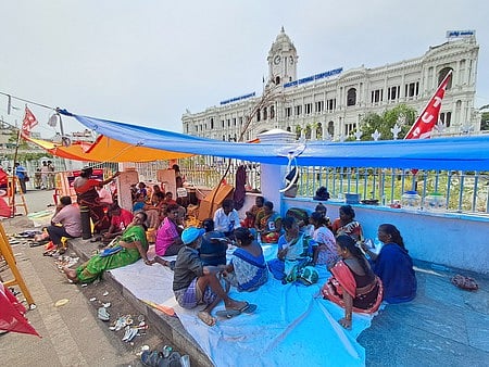 Sanitation workers protesting against privatisation of solid waste management near Ripon Building