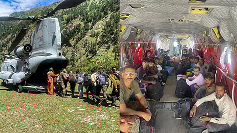 People being evacuated from cloudburst-hit Harsil area, in Uttarkashi, Friday