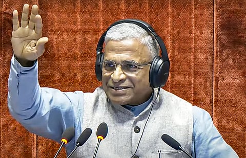 Rajya Sabha Deputy Chairman Harivansh Narayan Singh conducts proceedings in the House during the Monsoon session of Parliament, in New Delhi, Friday, Aug. 8, 2025.