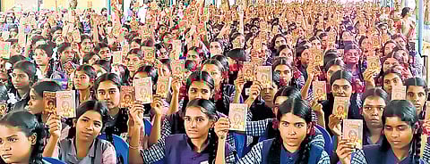 Awareness booklets were distributed to students at the Keeramangalam Government Girls Higher Secondary School in Pudukkottai on Saturday.