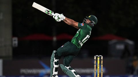Pakistan's Hasan Nawaz hits a six during the third Twenty20 cricket match against the West Indies, Sunday, Aug. 3, 2025, in Lauderhill, Fla.