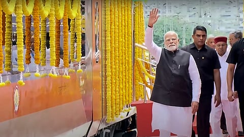 Prime Minister Narendra Modi during the flagging off ceremony of Vande Bharat Express train from Bengaluru to Belagavi, at KSR Railway Station, in Bengaluru.