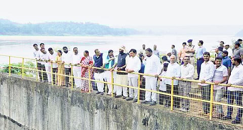 Ministers Mallu Bhatti Vikramarka, N Uttam Kumar Reddy and Ponguleti Srinivasa Reddy, along with others, inspect the Gangaram Devadula intake pump house at Thupakala Gudem in Mulugu district on Sunday