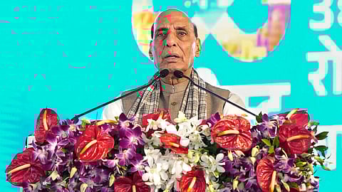 In this image released by @DrMohanYadav51 via X on Aug. 10, 2025, Defense Minister Rajnath Singh addresses the gathering during the groundbreaking ceremony for the BRAHMA Project (BEML Rail Hub for Manufacturing) in Raisen district.