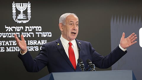 Israeli Prime Minister Benjamin Netanyahu addresses the media.