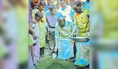 General Education Minister V Sivankutty lays the foundation for a new house for the family of Mithun.