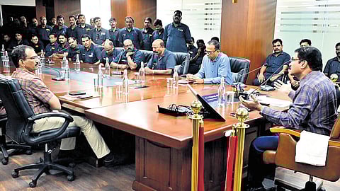 HYDRAA Commissioner AV Ranganath reassures marshals that their salaries won’t be cut, in Hyderabad on Monday