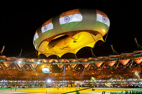 The Indian national flag being projected on an aerostat during the closing ceremony of the Commonwealth Games in 2010 which was hosted in New Delhi