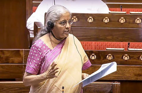 Union Finance Minister Nirmala Sitharaman speaks in the Rajya Sabha during the Monsoon session of Parliament, in New Delhi, Monday, Aug. 11, 2025.