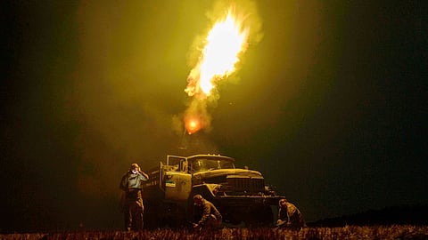 Ukrainian soldiers from air-defence unit of 59th brigade fire at Russian strike drones in Dnipropetrovsk region, Ukraine, Sunday, Aug. 10, 2025.