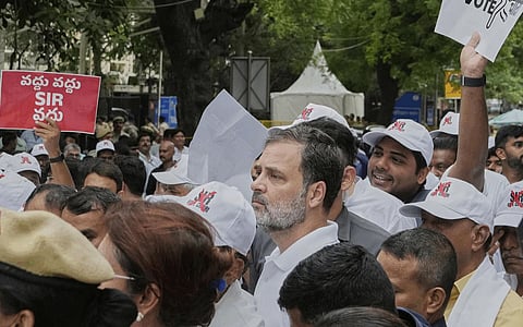 INDIA bloc MPs stage a protest march from Makar Dwar of Parliament to the Election Commission of India office over the "poll fraud" issue, in New Delhi, Monday, Aug. 11, 2025.