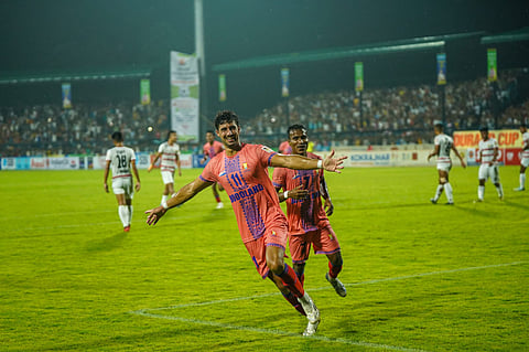 Bodoland players celebrate a goal on Tuesday