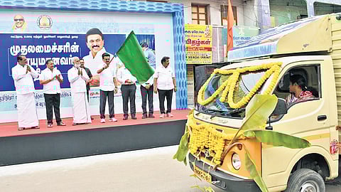 Chief Minister MK Stalin flagged off vehicles carrying goods to beneficiaries from Gopal Nagar, Tondiarpet, and Sathya Nagar on Tuesday