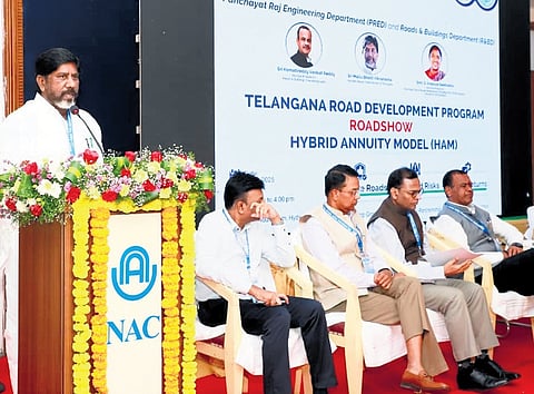 Deputy CM Mallu Bhatti Vikramarka speaks during the ‘Telangana Road Development Programme’ in Hyderbad on Tuesday