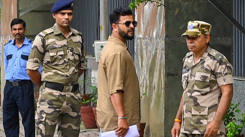 Former cricketer Suresh Raina arrives to appear before the ED for questioning in an alleged illegal betting app-linked money laundering case, in New Delhi,