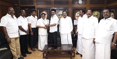 Former AIADMK MP V. Maitreyan on Wednesday joined the DMK after meeting party president and Tamil Nadu Chief Minister M. K. Stalin at Anna Arivalayam.