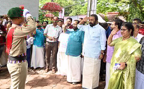 Ministers V Sivankutty & R Bindu being welcomed at a function to inaugurate the organising committee of the 64th Kerala State Arts Festival, in Thrissur on Tuesday