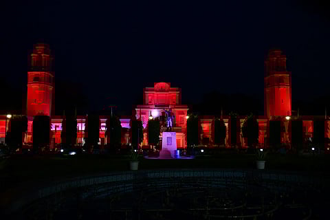 An illuminated view of the Delhi Legislative Assembly in New Delhi.