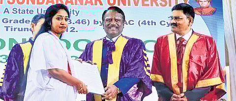Jean Joseph, wife of DMK’s Nagercoil corporation deputy secretary M Rajan, receiving the degree from MSU Vice Chancellor M Chandrasekar.