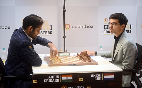 GM Anish Giri (R) during his match against Arjun Erigaisi