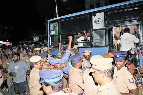 Sanitation workers protesting outside Ripon Building being evicted on Wednesday night.