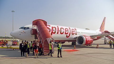 A Boeing 737 Max SpiceJet at the Indira Gandhi International Airport in New Delhi.