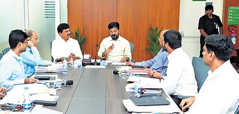 Chief Minister A Revanth Reddy speaks during a review meeting with the officials of Revenue and Housing departments at the Command Control Centre in Hyderabad