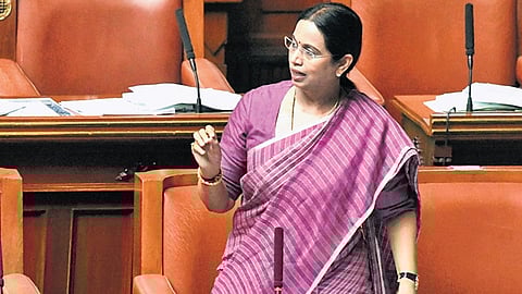 Minister Lakshmi Hebbalkar Speaks during Monsoon Assembly session at Vidhana Soudha in Bengaluru on Wednesday.