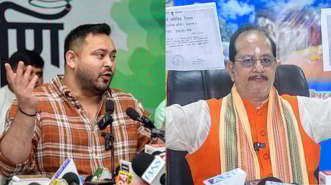 (L) RJD leader and Bihar LoP Tejashwi Yadav; (R) BJP leader and Bihar Deputy CM Vijay Kumar Sinha.