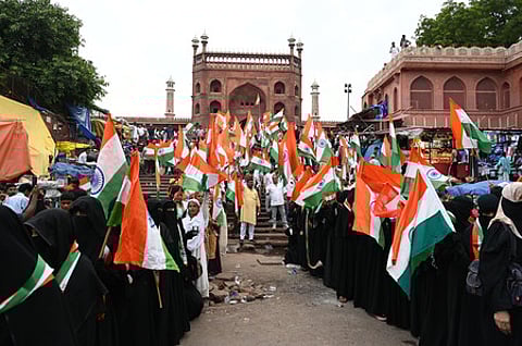 People participating in ‘Tiranga Yatra’ ahead of Independence Day celebrations at Jama Masjid on Wednesday.